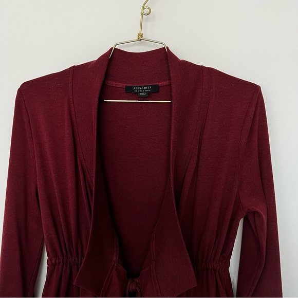 All Saints Jacket Gina Drape Open Front Long Sleeve Size XS-O Burgundy Marron - Picture 12 of 13
